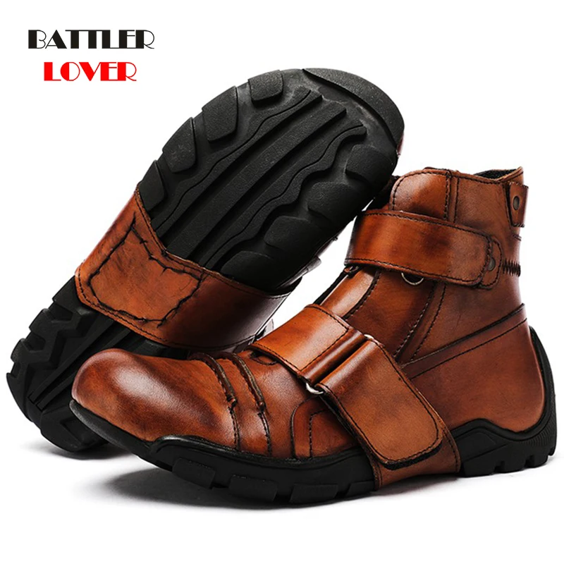 100% Genuine Leather Motorcycle Boots Individuality Punk Men Martin Boots for Male Riding Ankle Shoes Work & Safety Footwear