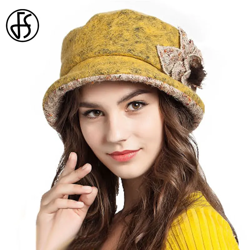 FS, женские шерстяные шапки, зимние, с широкими полями, модные, с цветком, Панама, теплая, складная, Рыбацкая шапка, зеленый, розовый, желтый, Боб, Chapeau Femme - Цвет: Цвет: желтый