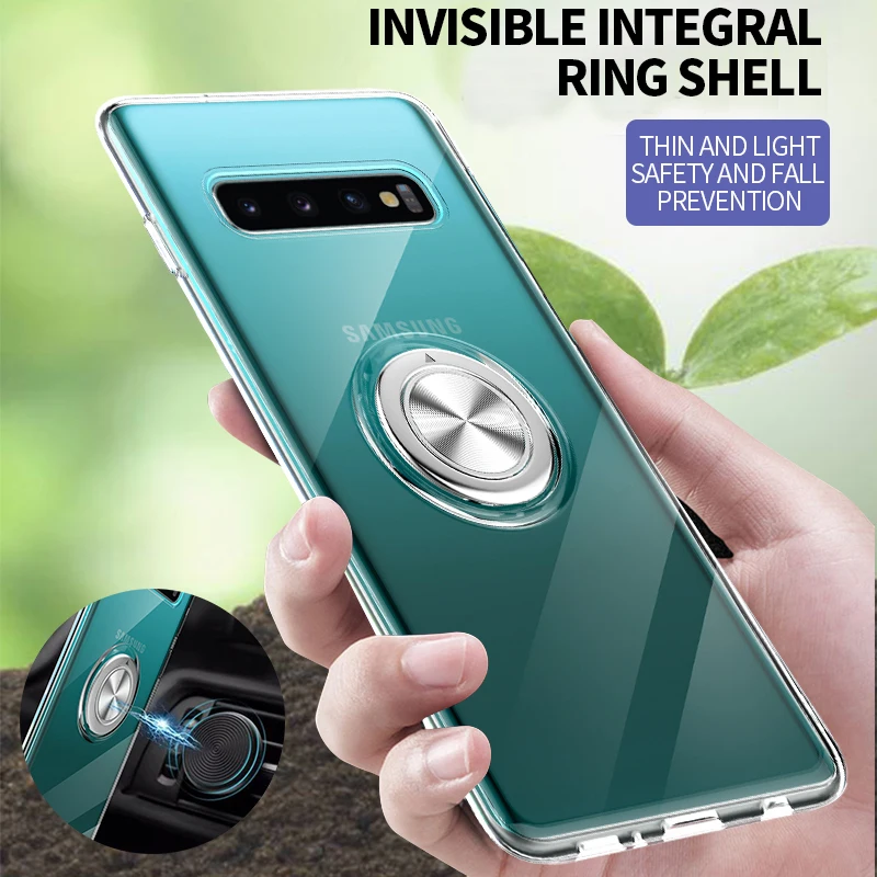 

Ultra-thin TPU Phone Case For Galaxy S8 S9 S10 Plus Clear Cover With Ring Magnetic Car Stand For Galaxy Note 8 9 10 Plus Coque