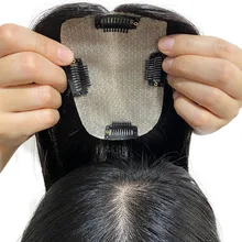Toupet en soie 8x12cm pour femmes, postiche de cheveux humains vierges chinois avec 4 Clips Ins couronne naturelle cuir chevelu sans raie