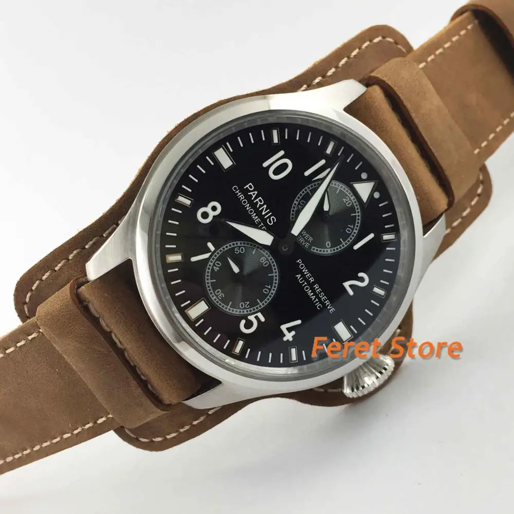 

Parnis 47mm watch black dial leather seagull mechanical automatic movement mens wrist watch pns35