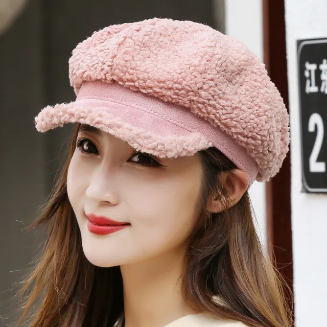 Winter Women's Cap Ladies Octagonal Hat Beret Lambswool Plush Warm Outdoor Female Visor Soft High Quality BT0057 Pink