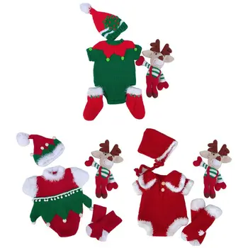 

4 Pcs/Set Newborn Knitted Crochet Outfits Christmas Costume Baby Hat+Socks+Elk Doll+Romper Jumpsuit Photography Props