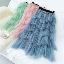 Женские Асимметричные тюлевые юбки Эластичная Высокая талия сетчатая юбка-пачка со складками Длинная Юбка-миди Saias Faldas Jupe Femmle