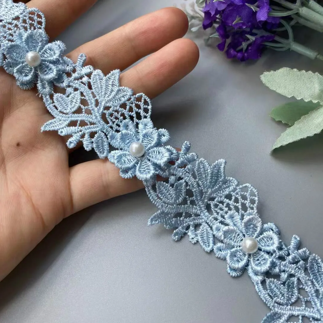 

1 Yard 35mm Blue Lace Trim Ribbon Soluble Pearl Flower Embroidered Fabric Handmade For Costume Sewing Supplies Craft Decoration