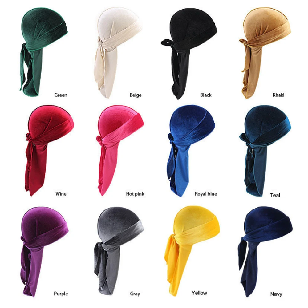 

Women Long Tail Silky Scarf Muslim Doo Rag Pirate Hat Durag Chemo Cap Skull Hat Turban Hair Band Bandanas 12 Colors For Choose