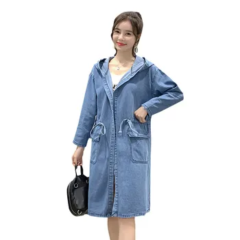 

2020 Fashion denim trench coat women spring autumn light blue hooded jeans outerwear casual tops plus size 4XL jeans trench 3231