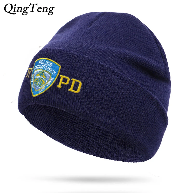 NYPD полиция зимние теплые шапочки Skullies мужские Толстая шапочка шапки Мужская спортивная шапочка в стиле кэжуал двухслойная вязаная шапка