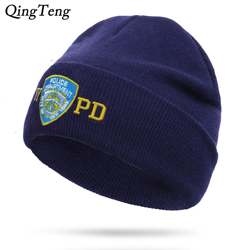 Нью Йорка полиции зимние теплые головные уборы Skullies Beanies Для мужчин толстые