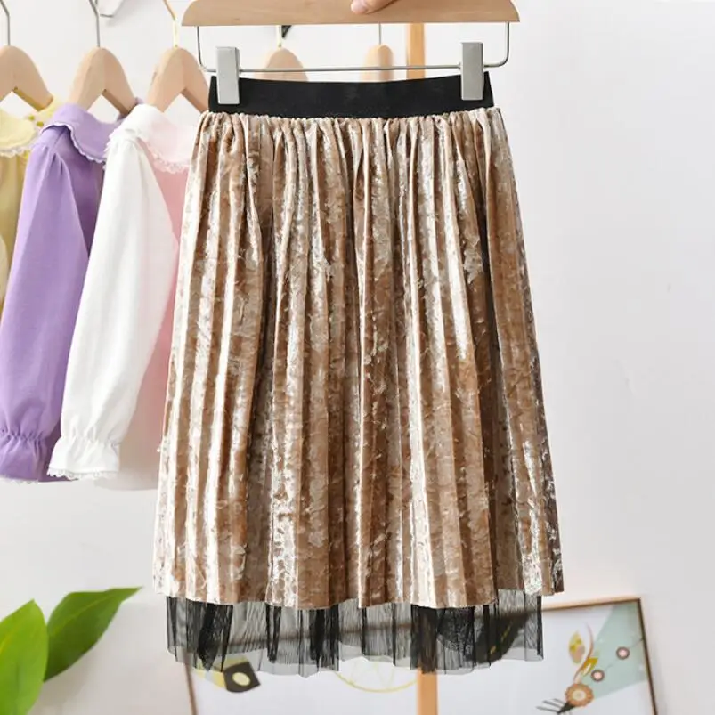 gold baby skirts Детская бархатная юбка; сезон весна-осень-зима; детская плиссированная юбка; однотонная одежда для малышей и подростков; длинные юбки для школьниц - Цвет: gold baby skirts