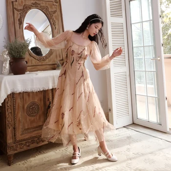 

HAMALIEL New Women Floral Embroidery Holiday Maxi Dress Vintage Spring Mesh Sequine Lantern Sleeve Long Dress Luxury Swing Dress