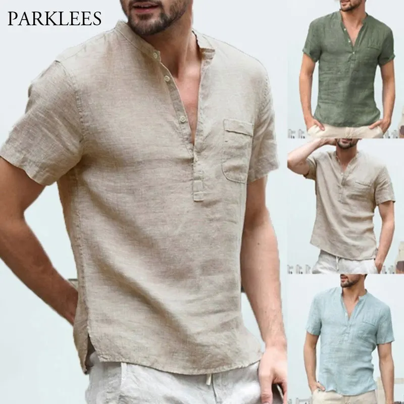 Linen Shirts Men 2020 Summer Short Sleeve Henley Shirt Chemise Homme Loose Button Shirt Breathable Solid Male Shirts with Pocket Linen Shirts Men 2020 Summer Short Sleeve Henley Shirt Chemise Homme Loose Button Shirt Breathable Solid Male Shirts with Pocket