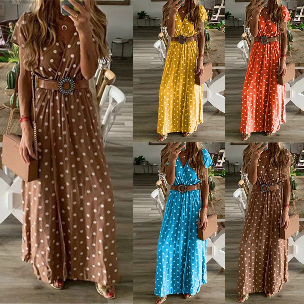 Женское летнее платье с v-образным вырезом, Boho, с коротким рукавом, макси-платье в горошек, вечерние платья, пляжный сарафан, женский