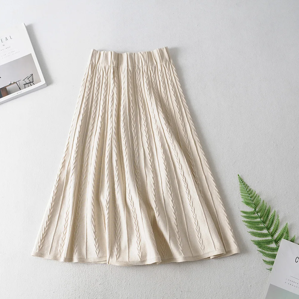 

Knitted Skirt Mid-length Autumn And Winter New Style Slimming High-waisted A- line Skirt Linen Flower Color Yarn Pleated High-wa