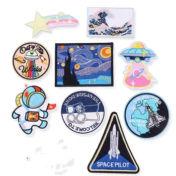 

Space Alien Rocket Van Gogh Star Night Mountain Wave Patch for Clothing Punk Embroidered Patches On Clothes DIY Parches Applique
