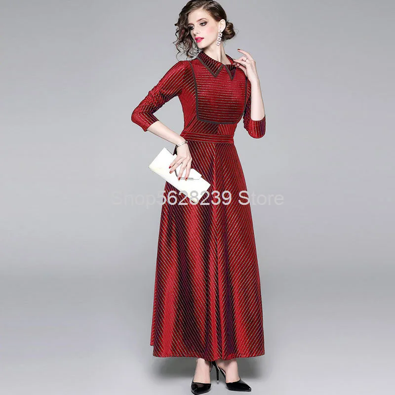 

2020 Pack Gold Wire Stripes Dress Skirt Temperament Turn Over Gold Collar Velvet Big Pendulum Long Skirt Female