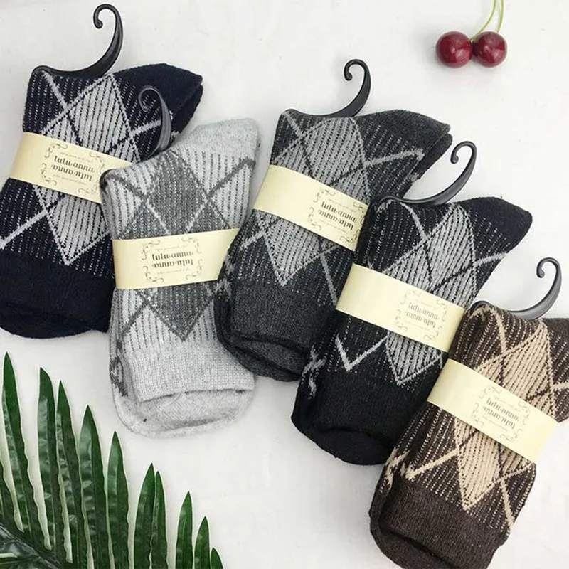 5 Pair Rabbit Wool Quality Knitted Men Socks Autumn Winter Warm Thick Style Business Casual Dotted Line Rhombus Pattern Sock