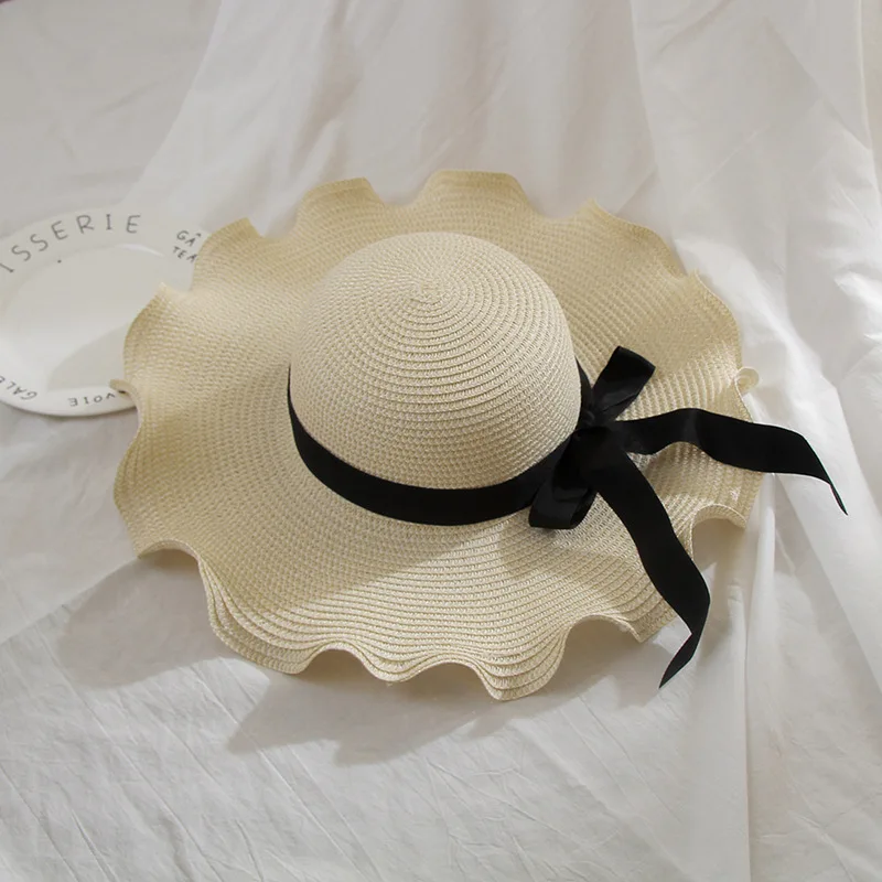 WaiiMak 2019 New Summer Beach Hat Female Casual Panama Hat Lady Brand Women Flat Brim Bowknot Straw Cap Girls Sun Hat 