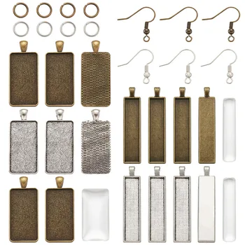

1 Set Rectangle Alloy Pendant Cabochon Settings and Glass Cabochons Brass Earring Hooks and Brass Jump Ring for Jewelry Making