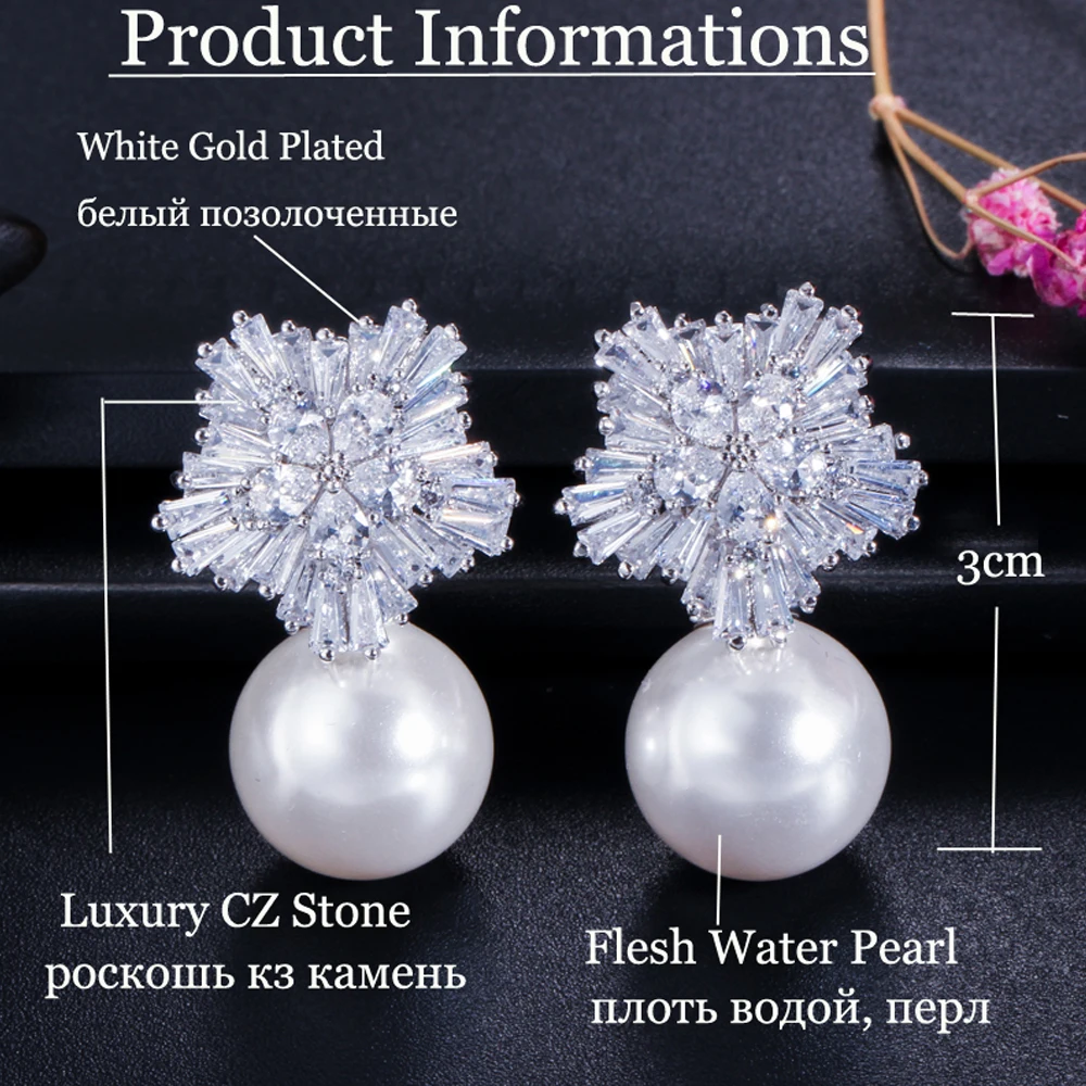 Женские серьги пусеты ThreeGraces сверкающие с большим жемчугом и кубическим