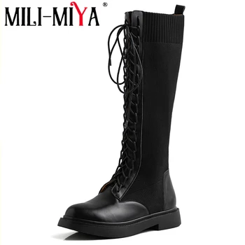 

Brand Design Women Cow Leather Boots Solid Color Lace-Up Stretch Kitting Round Toe Square Heels Fashion Street Shoes For Ladies