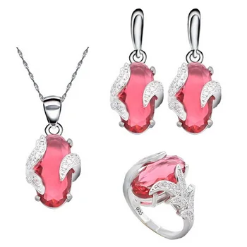 

925 Silver Jewelry Set for Women Red Ruby Earrings Ring Necklace Pendant Wedding Jewelry