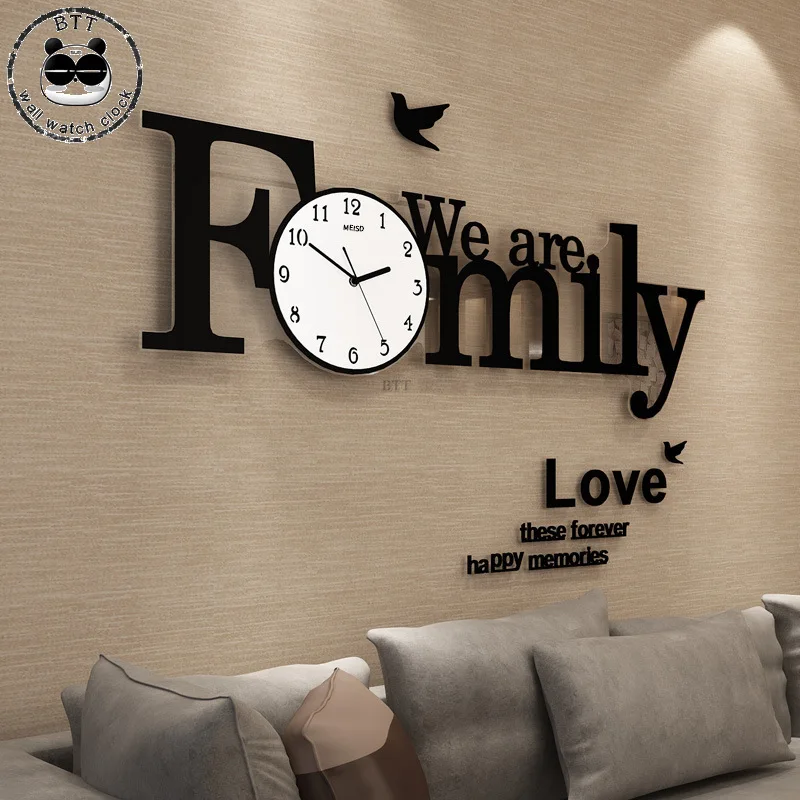 

New 'Family' Large Wall Clock Modern Design Silent Hanging Clocks With Wall Stickers Living Room Quartz Watch Free Shipping