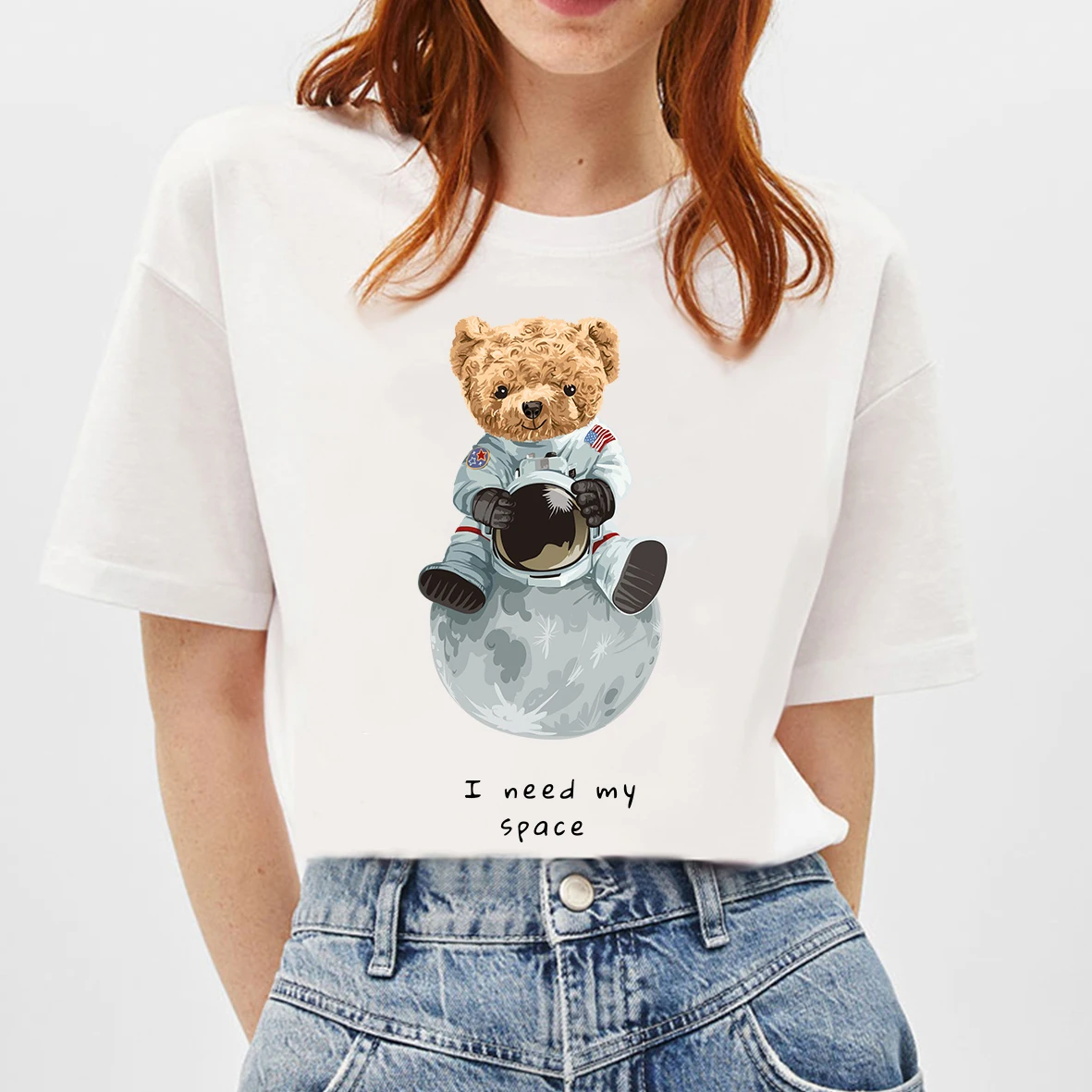 

BLINGPAW Graphic T Shirts Teddy Bear I Need My Space Letter Print T-shirt Astronaut Moon Unisex Tees Summer Tee Shirts
