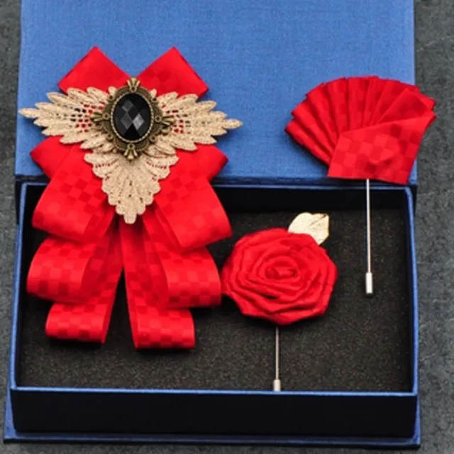 British New Fashion Men's Wedding Performance Groom Wedding-Party Flower Collar Bow Tie Pocket Towel Square Set Men Accessories Red plaid set 1