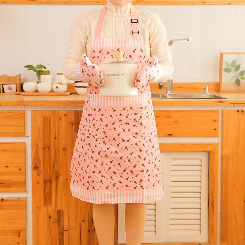 Waterproof Kitchen Apron For Women Household Cooking Cleaning Sleeveless Antifouling Apron Wiht Microwave Gloves Kitchen Gadgets