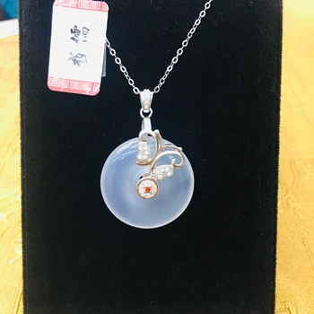 

Natural white ice bottom stone carving Donut Pendant with 925 Silver Necklace Beautiful Women's Clavicle Chain Style