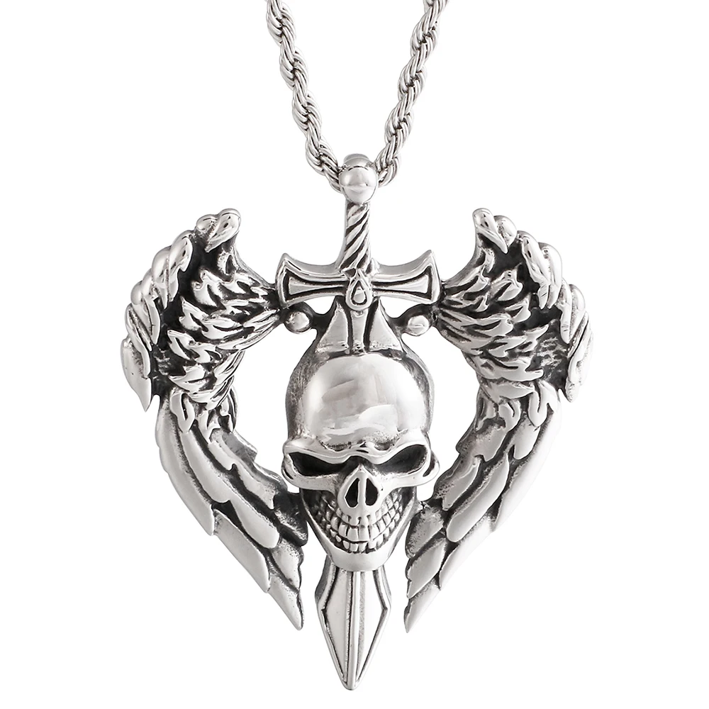 Daesar Stainless Steel Necklace for Men Necklace Punk Archaeopteryx Skeleton Silver Necklace Pendant Vintage