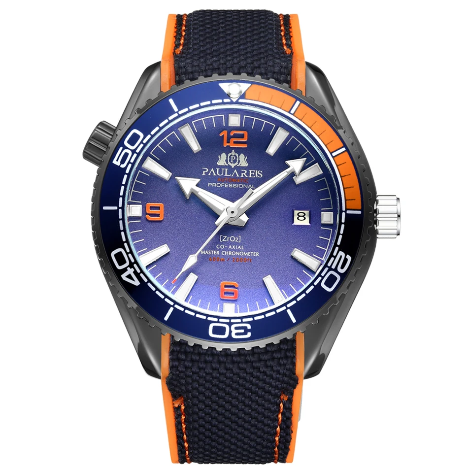 Мужские автоматические механические холщовые часы с резиновым ремешком James Bond 007, стильные роскошные часы оранжевого, синего и красного цветов - Цвет: Black Orange Blue