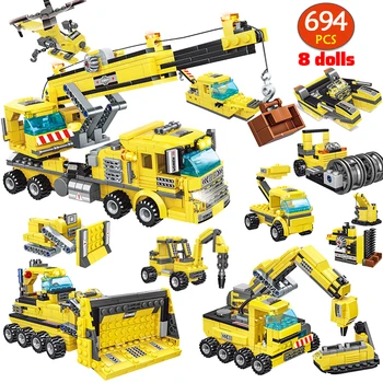 

694PCS Engineering Crane Excavator Car Building Blocks DIY City Technic Construct Truck Roller Figures Bricks Toys For Children