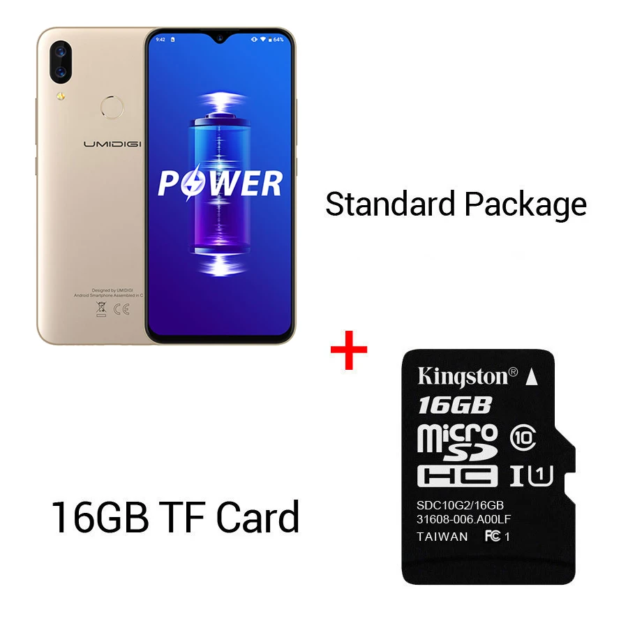 UMIDIGI power Android 9,0 5150 мАч большая батарея 18 Вт 6,3 'FHD+ экран капли воды 4 Гб+ 64 Гб Helio P35 глобальная версия смартфона 16 МП - Цвет: Gold n 16GTF Card