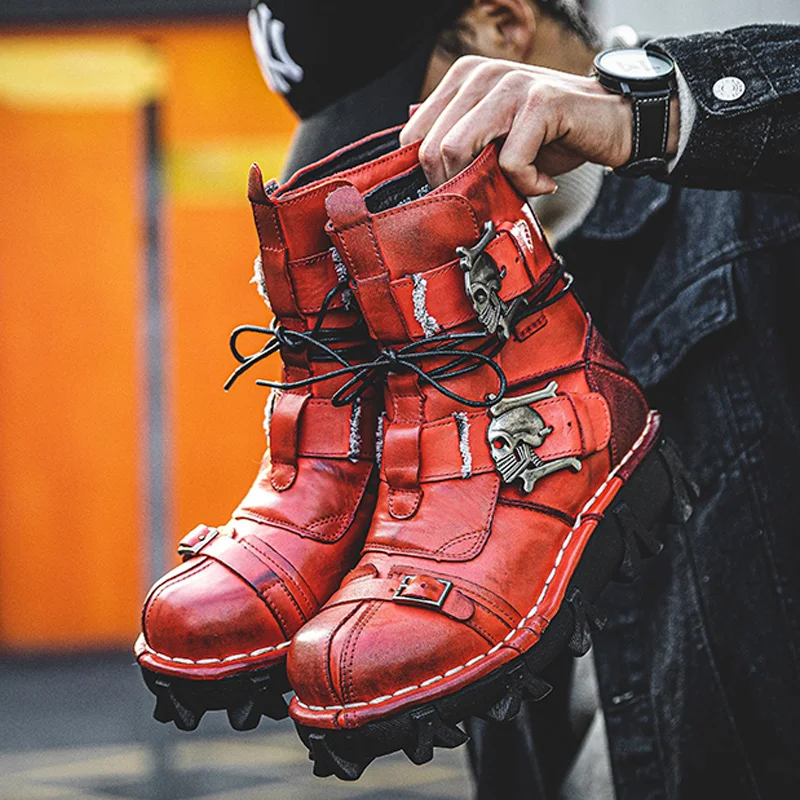 Men's Genuine Leather Motorcycle Boots Vintage Unique Ankle BootsCombat Boots Skull Punk Steam Steam Work