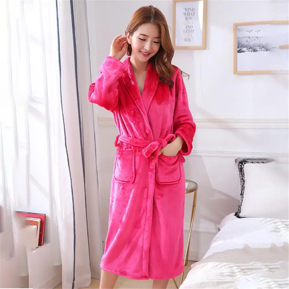 Одежда для сна из кораллового флиса, халат, домашняя одежда с длинными рукавами, интимное нижнее белье, однотонная Пижама - Цвет: Pink 1