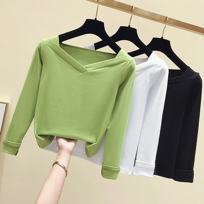 

gkfnmt Vintage Solid Color V neck Long Sleeve T shirt Women Clothes Casual White T-Shirt Female Tops Tee Shirt Femme Fall 2019