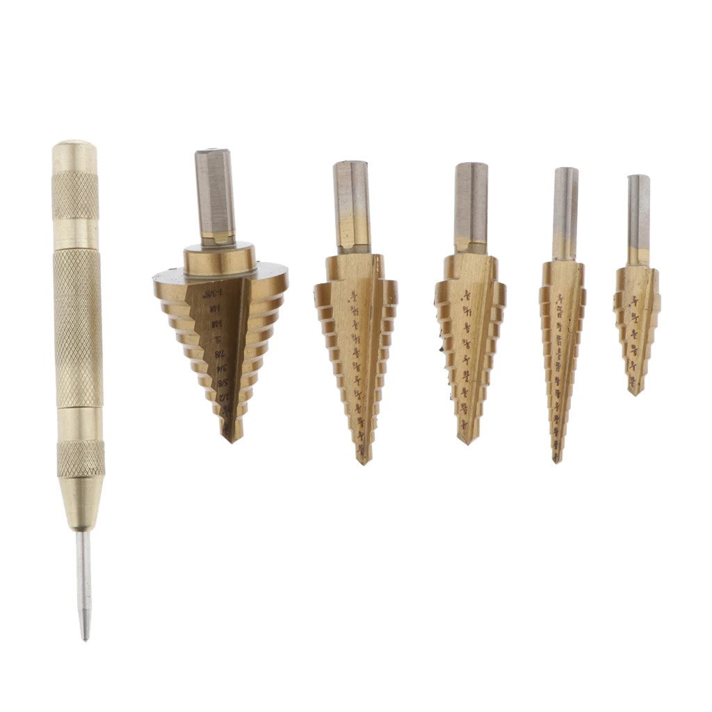 5Pcs Titanium Step Drill Bit Set, High Speed Steel, 1/8'' - 7/8'', with HSS Multiple Hole Drilling Cutting with Storage Case