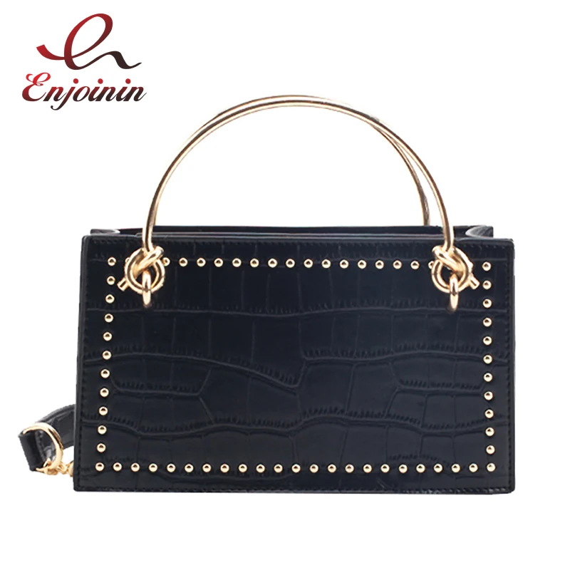 

Vintage Fashion Stone Rivets Pu Leather Women Metal Handle Shoulder Bag Crossbody Bag Chain Purse Female Pouch Handbag Totes Bag