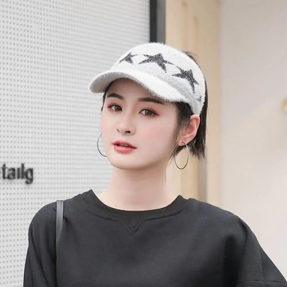 Women Autumn Winter Baseball Cap Solid Color Knitting Hollow Top Hat Warm Cap for Outdoor Sports