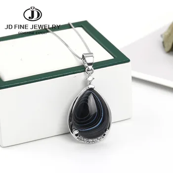 

JD 925 Sterling Silver Color Fashion Waterdrop Pendant Necklace Natural Black Agate Choker Jewelry Women Clothes Accessories
