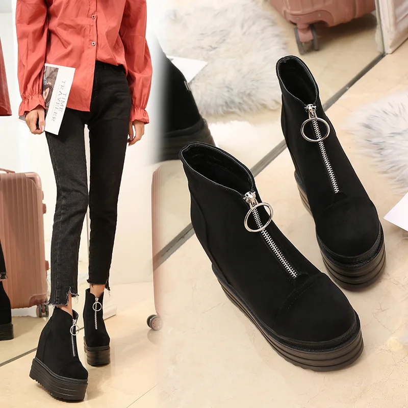 

Winter Fashion Plus Velvet Within Increase Short Boots 13cm Wedge Women Ankle Boots Front Zipper Martin Boots Sexy High Heels 39