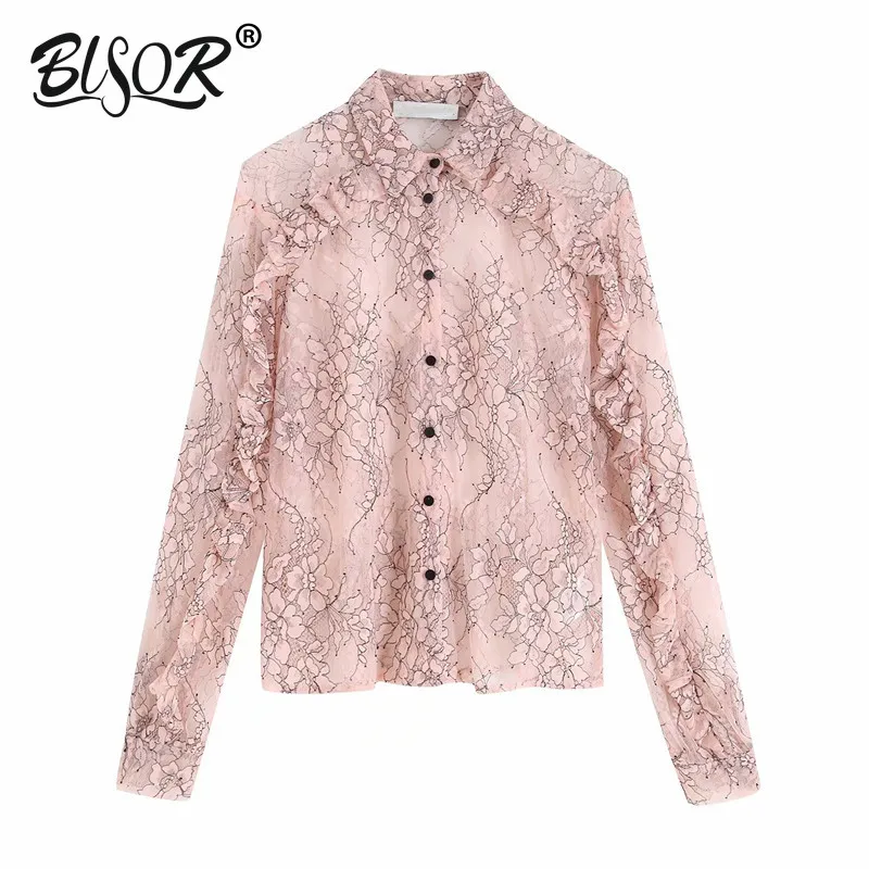 

Women sweet pink ruffled floral lace blouse transparent style long sleeve shirt female see through chic tops