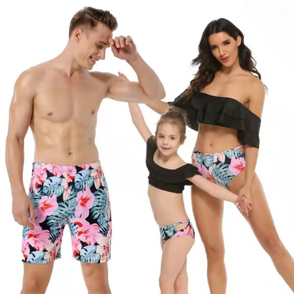 

Summer Ruffled Off-the-shoulder Split Swimsuit Printed High Waist Swimwear Parent-child Family Swimwear