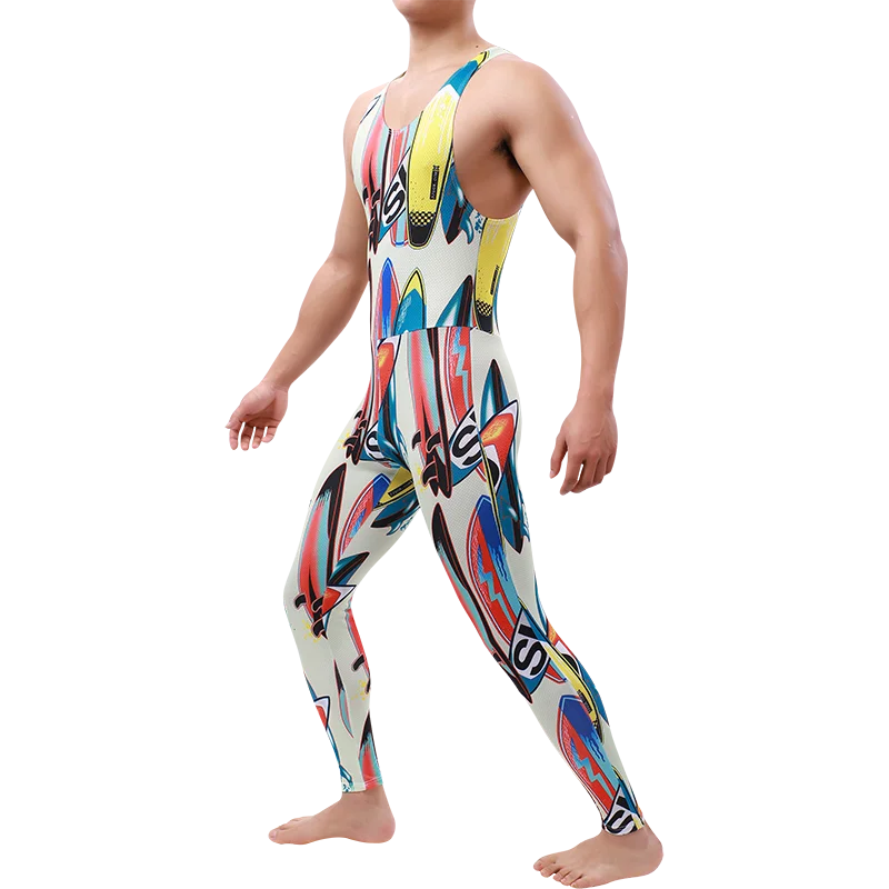 Men Undershirt Leotard Sleeveless Rainbow Printed Jumpsuit Tight Leggings Underwear Bodysuit Wrestling Singlet Rompers Nightwear