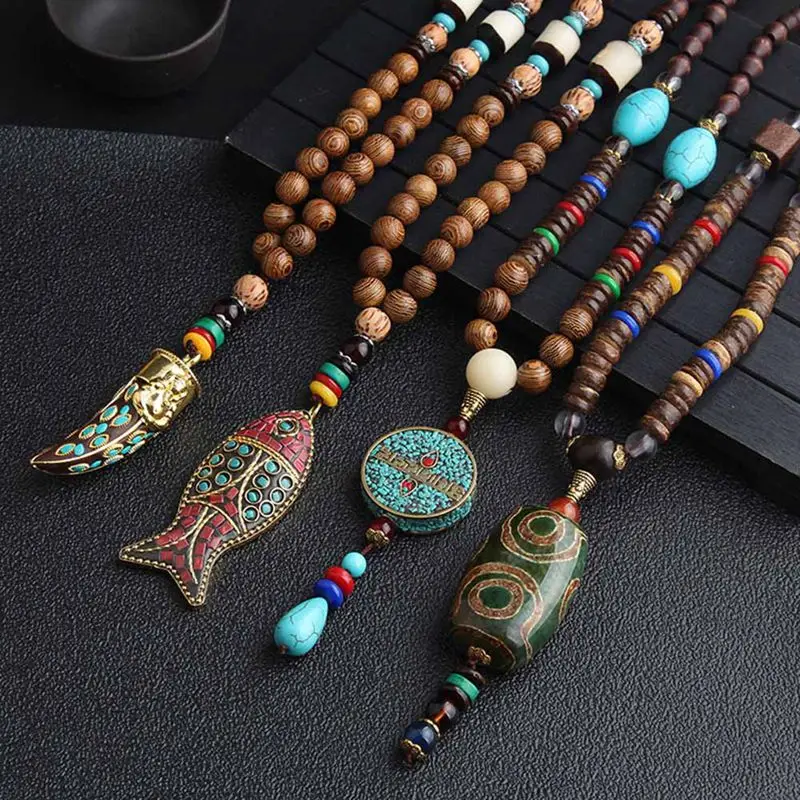 ##BUY Handmade Nepal Necklace Buddhist Mala Wood Beads Pendant amp; Necklace Ethnic Horn Fish Long Statement Jewelry Women Men