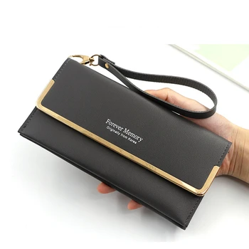 

Metal Edge Wallets Women Luxury Brand Leather Coin Purses Butterfly Hairball Long Wallet Female Money Credit Card Holder Clutch