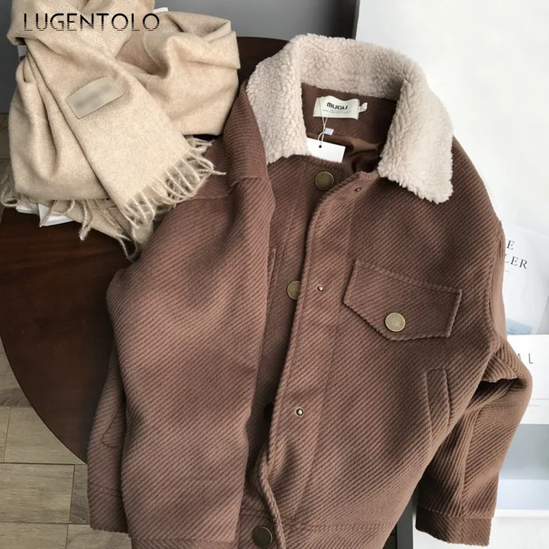Lugentolo, Женское шерстяное зимнее пальто, Осеннее, свободное, одноцветное, с длинным рукавом, повседневное, отложной воротник, теплое, свободное, модное, с карманами, на пуговицах, пальто