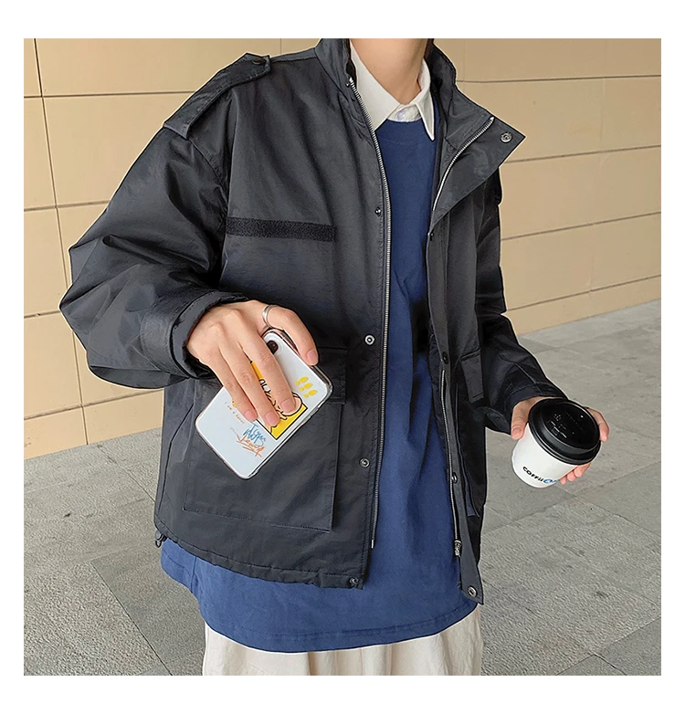 Autumn And Winter New Port Men's Japanese Fashion Casual Loose Solid Color Tooling Cotton Jacket Tide Blue / Black M-2XL